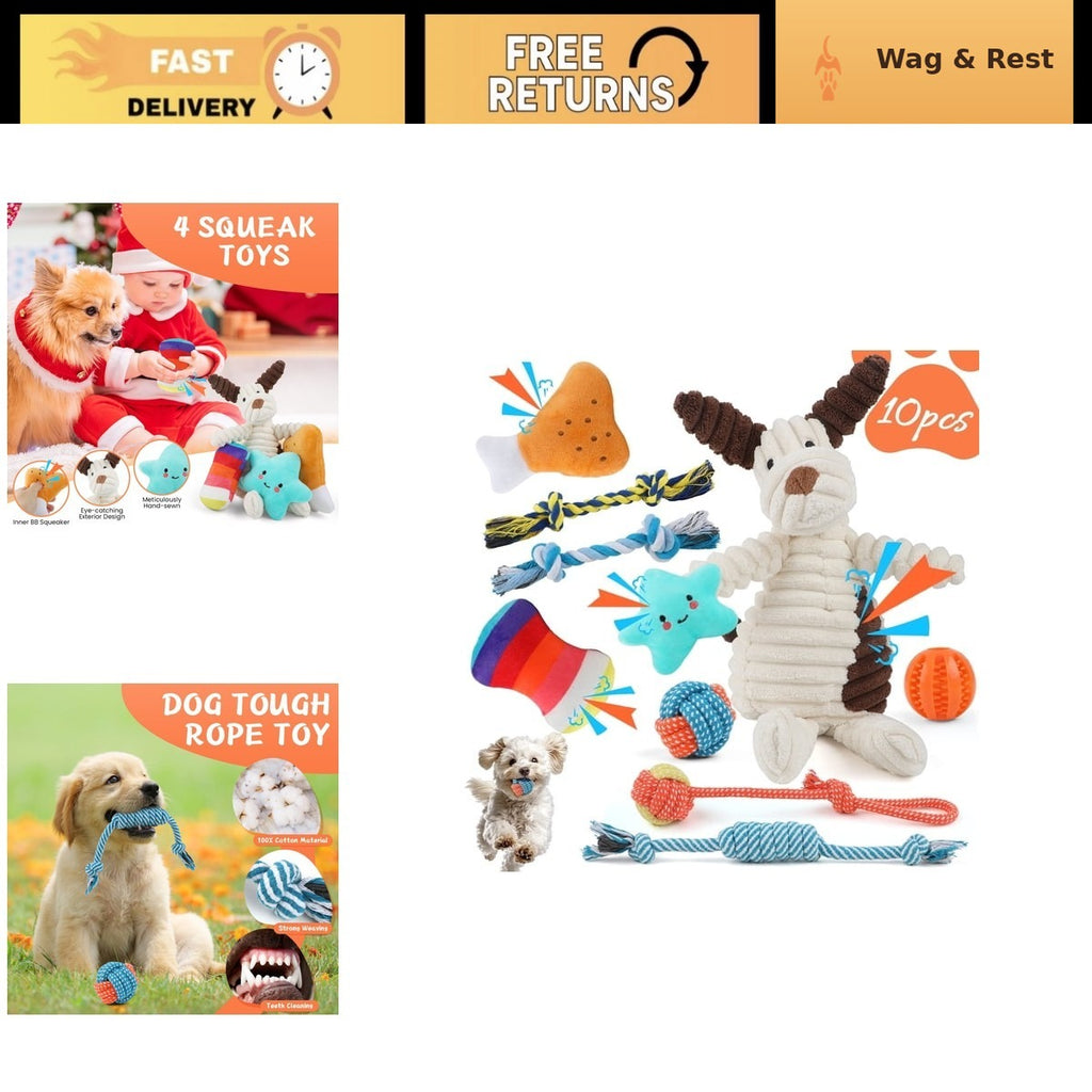 10 Pack Puppy Dog Toys Set - Plush Squeaky, Rope Tug & Treat Ball, Teething