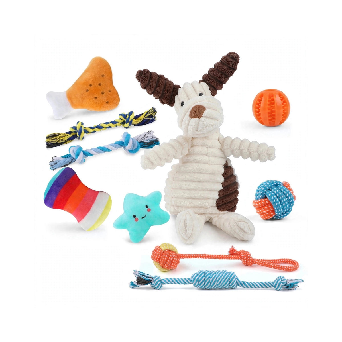 10 Pack Puppy Dog Toys Set - Plush Squeaky, Rope Tug & Treat Ball, Teething